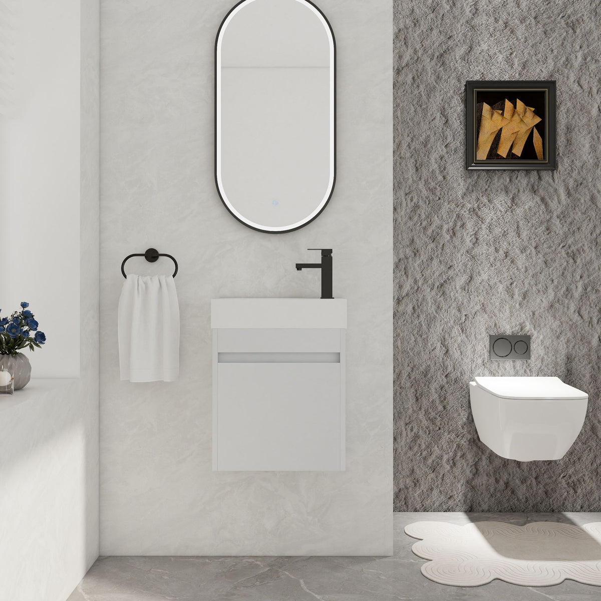 Floating bathroom vanity in white with rectangular sink and cabinet door, single faucet