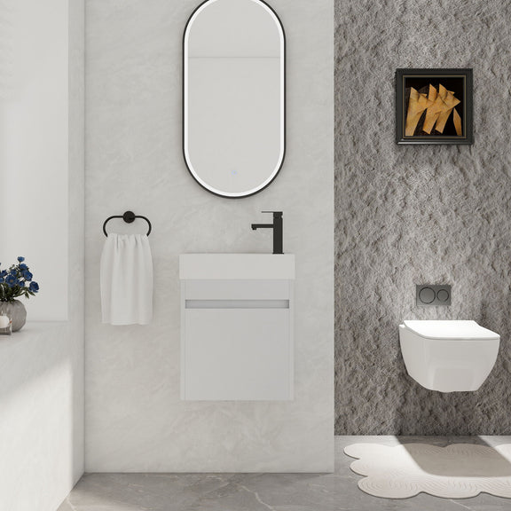 Floating bathroom vanity in white with rectangular sink and cabinet door, single faucet