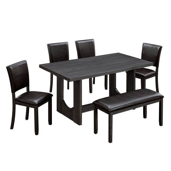 Rectangular dining table set with dark table and dark brown upholstered chairs, 5-chair view