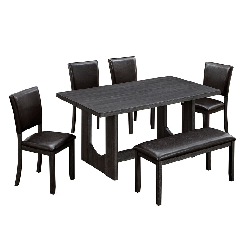 Rectangular dining table set with dark table and dark brown upholstered chairs, 5-chair view