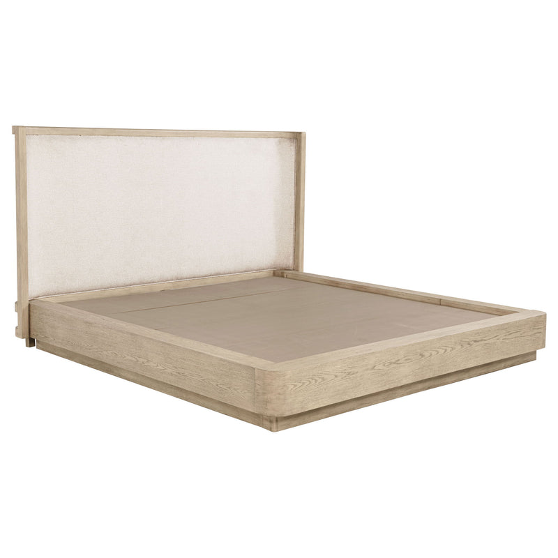 Light brown upholstered headboard bed with platform frame