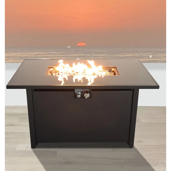 Rectangular black fire pit with open firebox flames and front control knobs