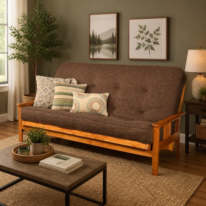 Queen size futon frame sofa with dark brown upholstered back and wooden arms/legs