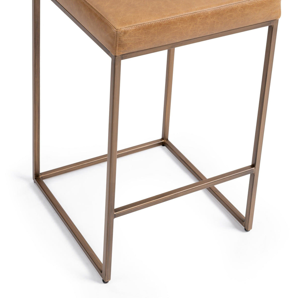 Chestnut counter stool base with footrest and stitched tan seat corner