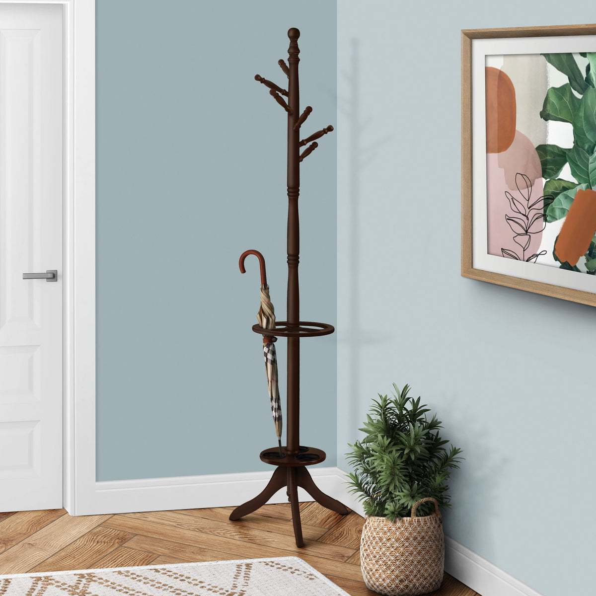 Free Standing Coat Rack 6 Hooks For Entryway With Umbrella Holder - Cherry