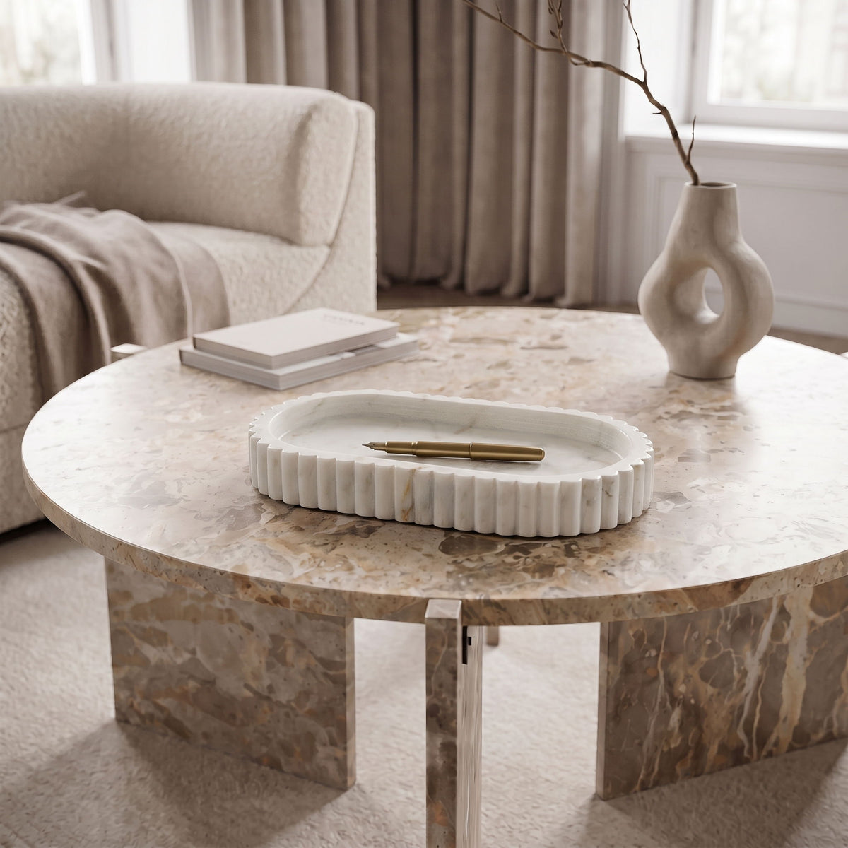 Genuine marble tray with round fluted rim and white surface, featuring a gold pen