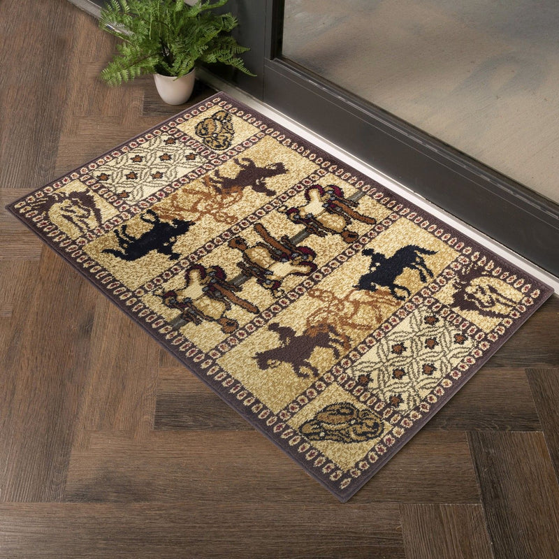 Southwest area rug with beige background, dark horse motifs, and ornate border