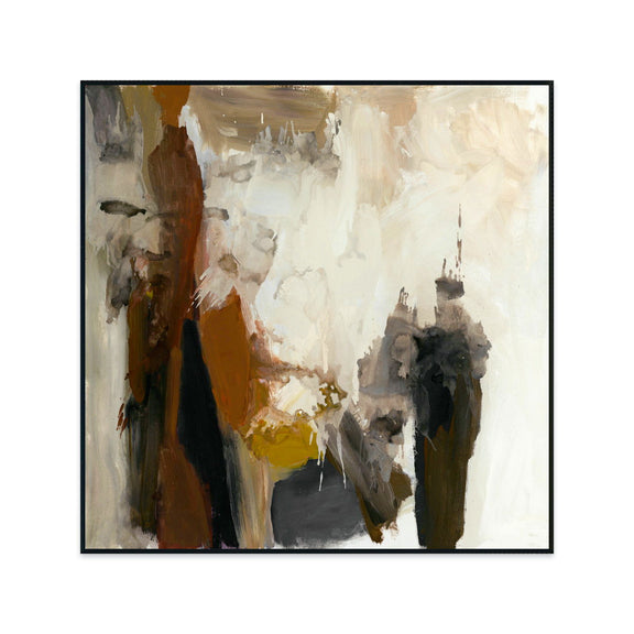 Framed abstract painting with vertical brown and gray blocks over cream background