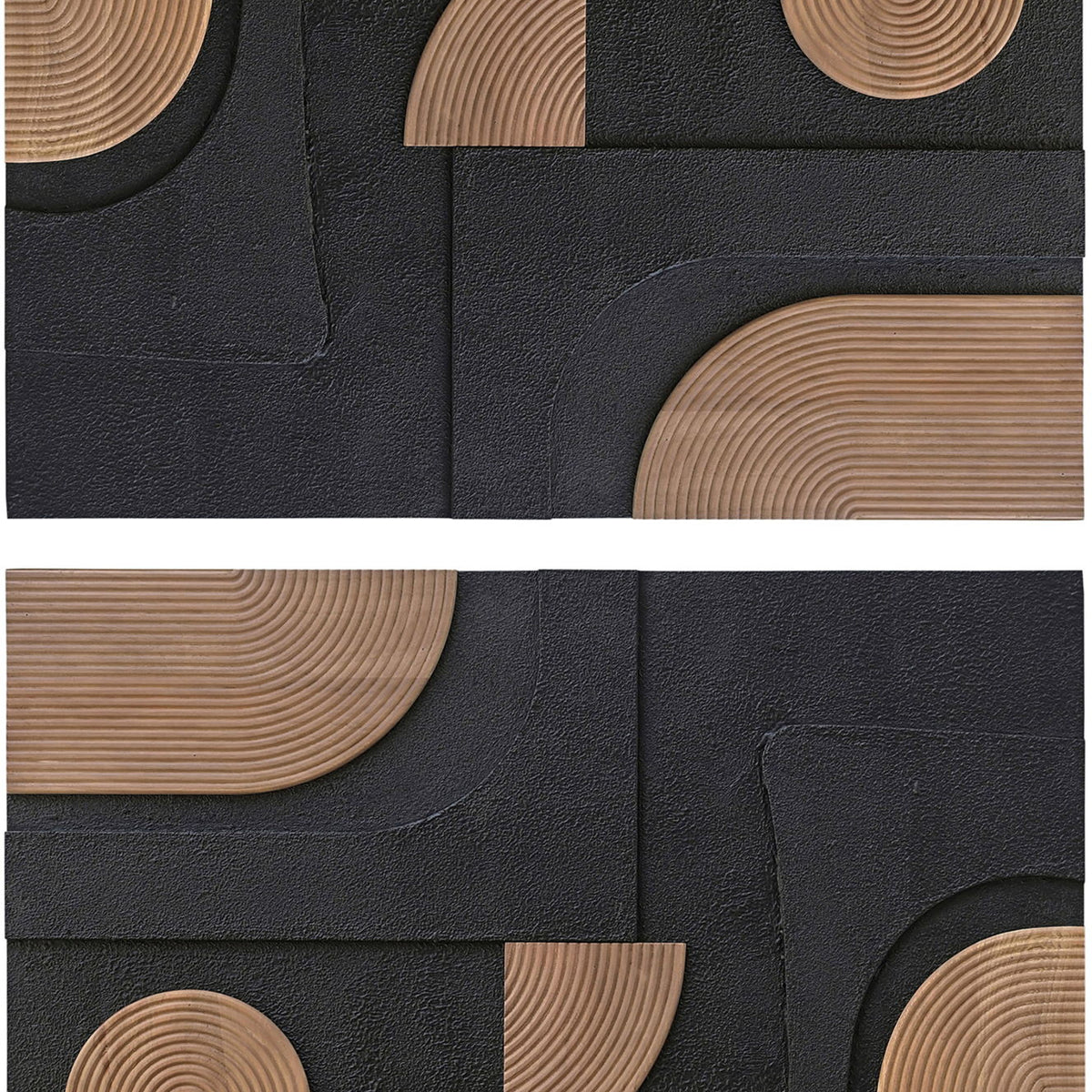 2-piece wall art with concentric light wood-circle insets on textured dark panels