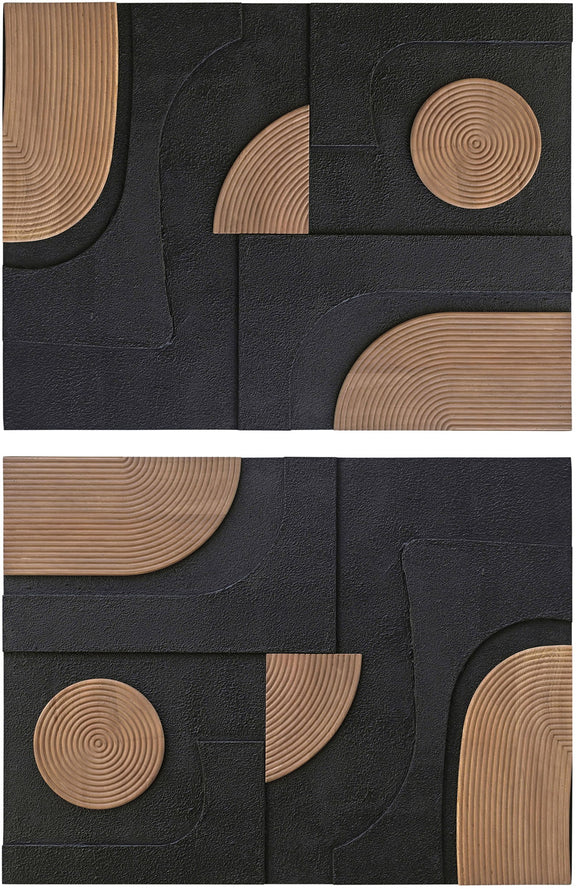 2-piece wall art with concentric light wood-circle insets on textured dark panels