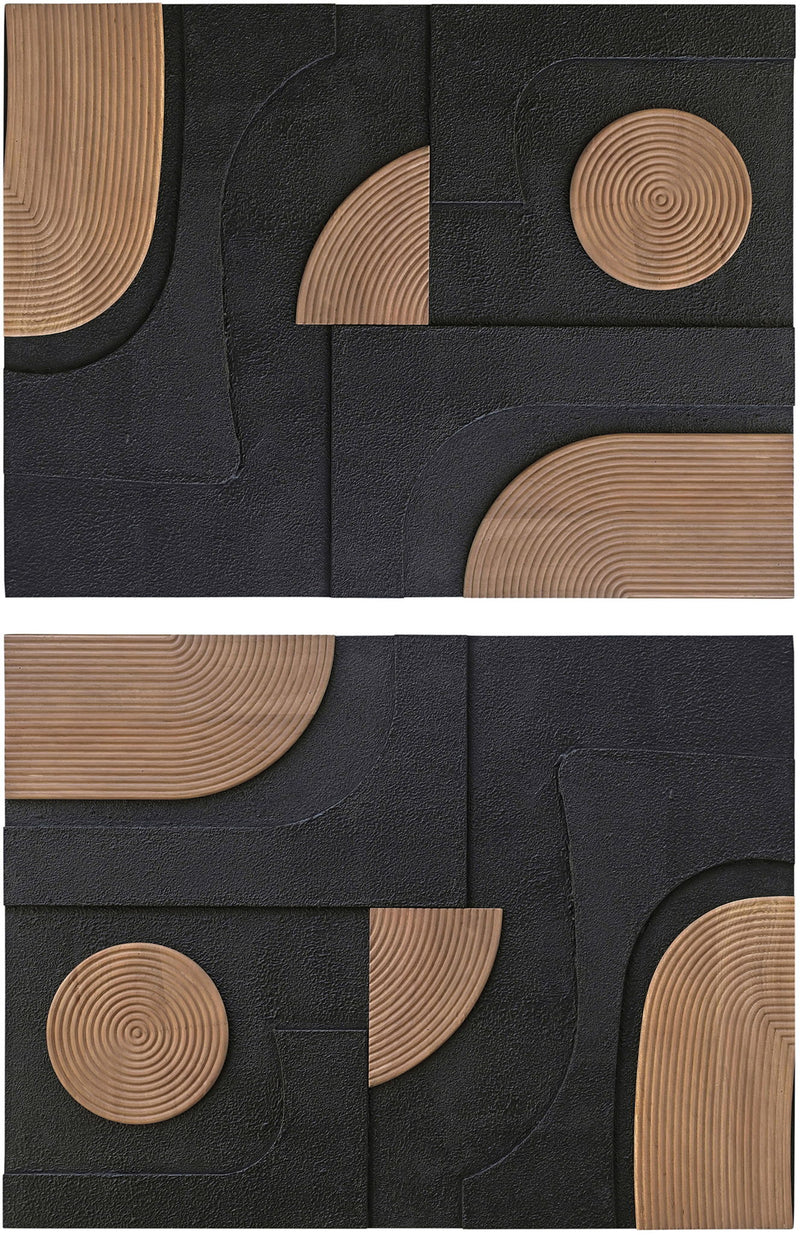 2-piece wall art with concentric light wood-circle insets on textured dark panels
