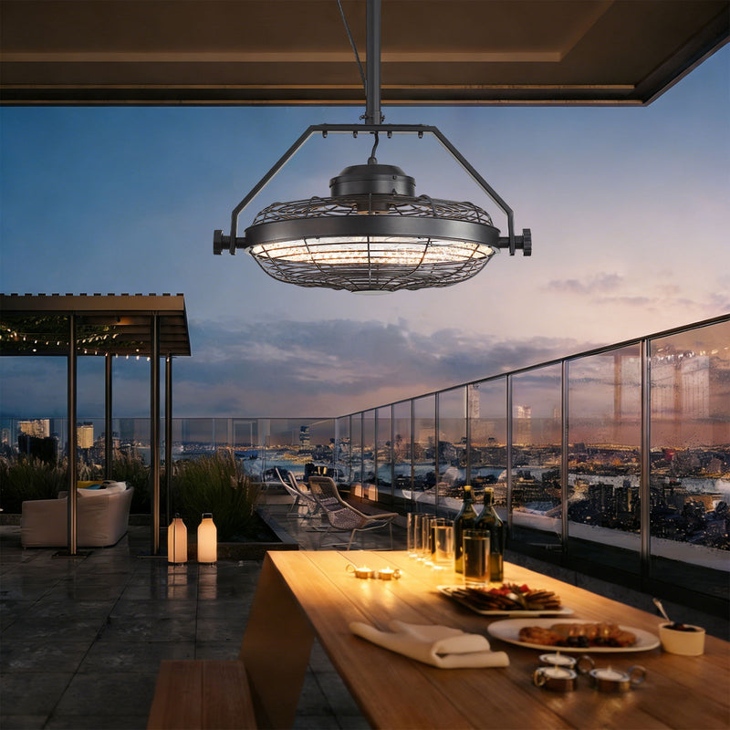 Matte black outdoor ceiling fan light with wire cage under patio ceiling