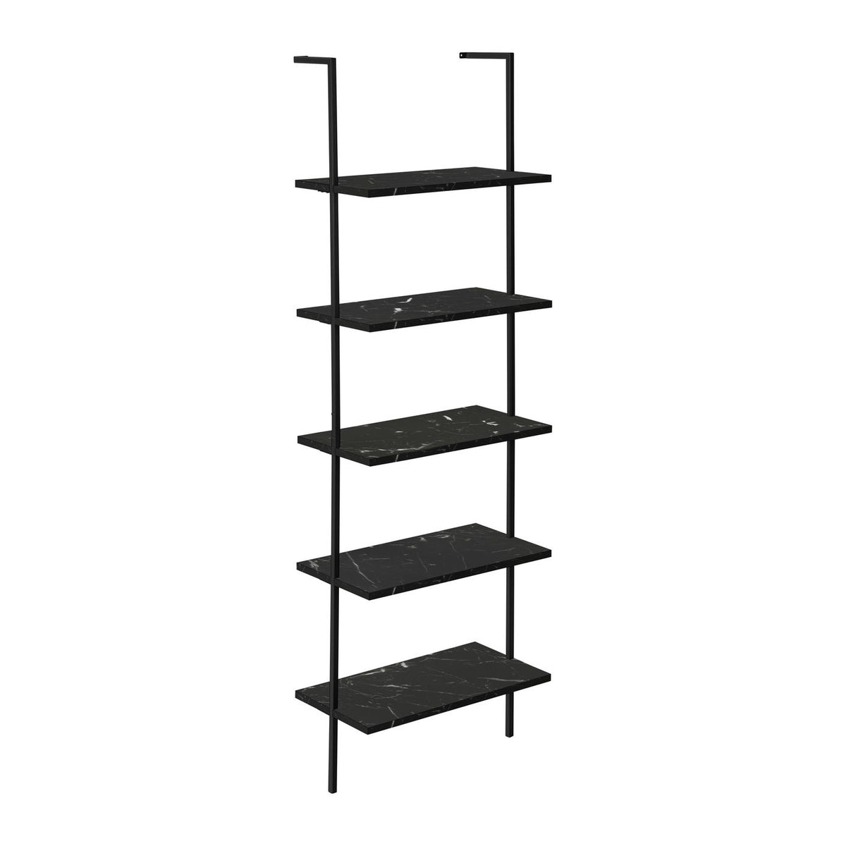 Black 5-tier ladder bookshelf with marble-look shelves and open metal frame