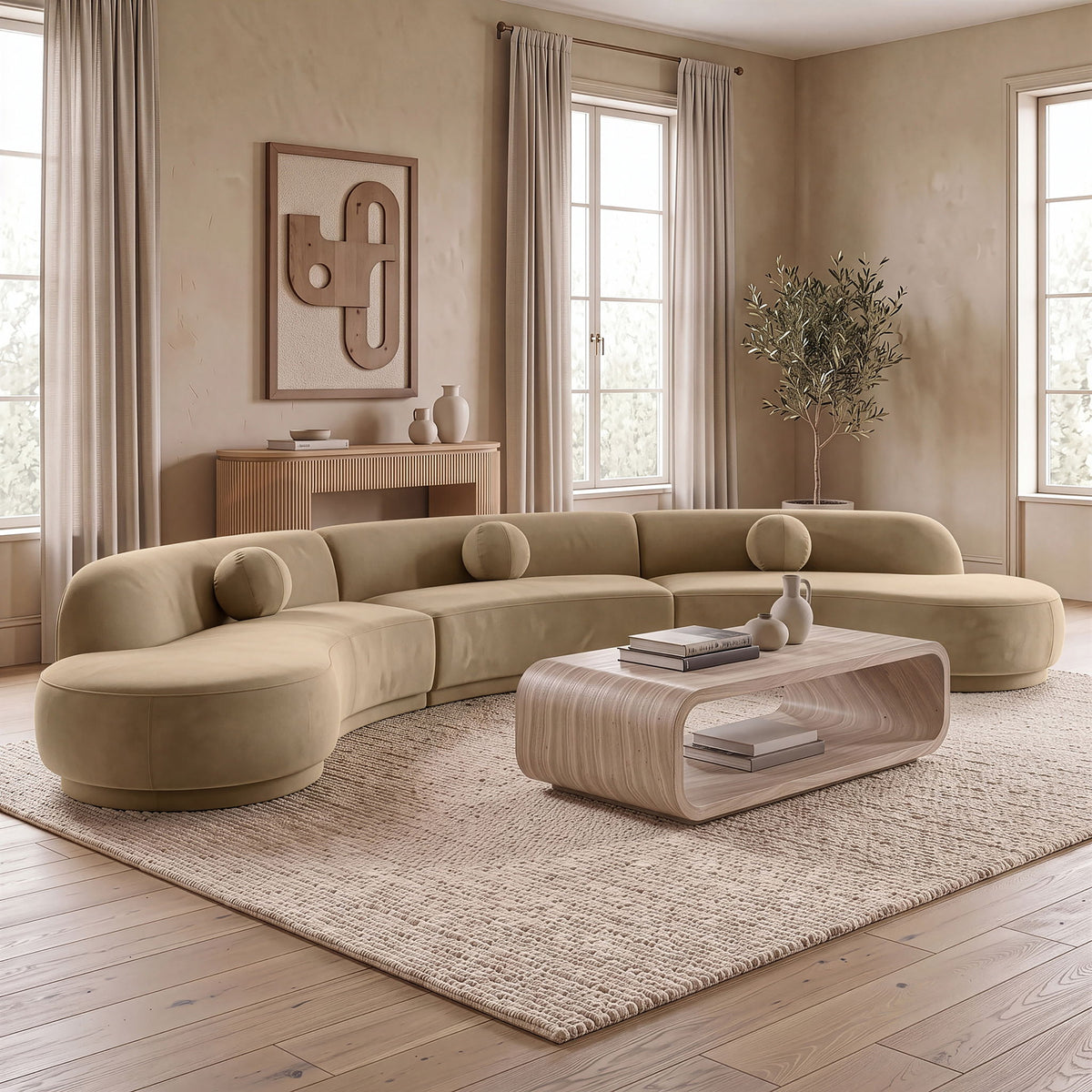 Beige velvet performance sectional with chaise and three bolster back cushions
