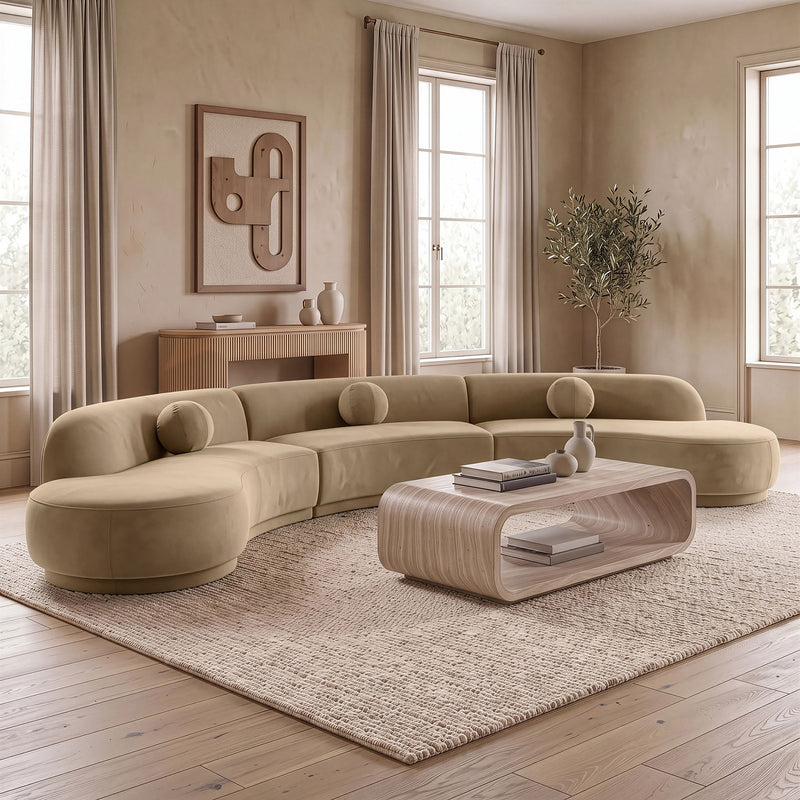 Beige velvet performance sectional with chaise and three bolster back cushions