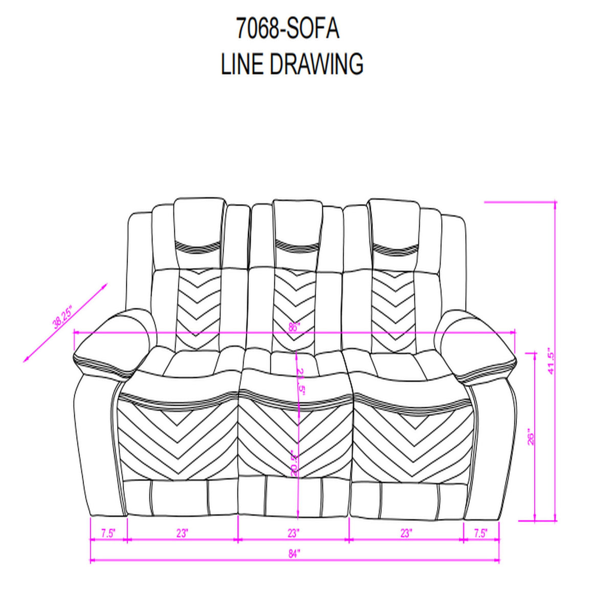 Dark gray sofa line drawing with chevron quilting and padded armrests