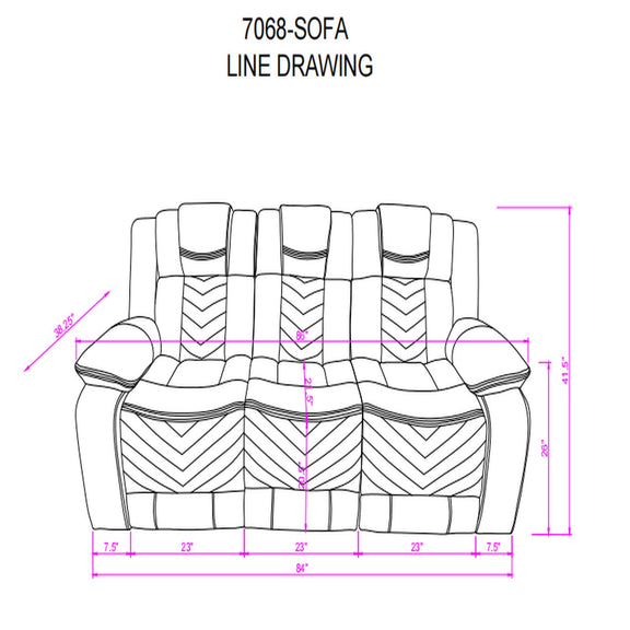 Dark gray sofa line drawing with chevron quilting and padded armrests