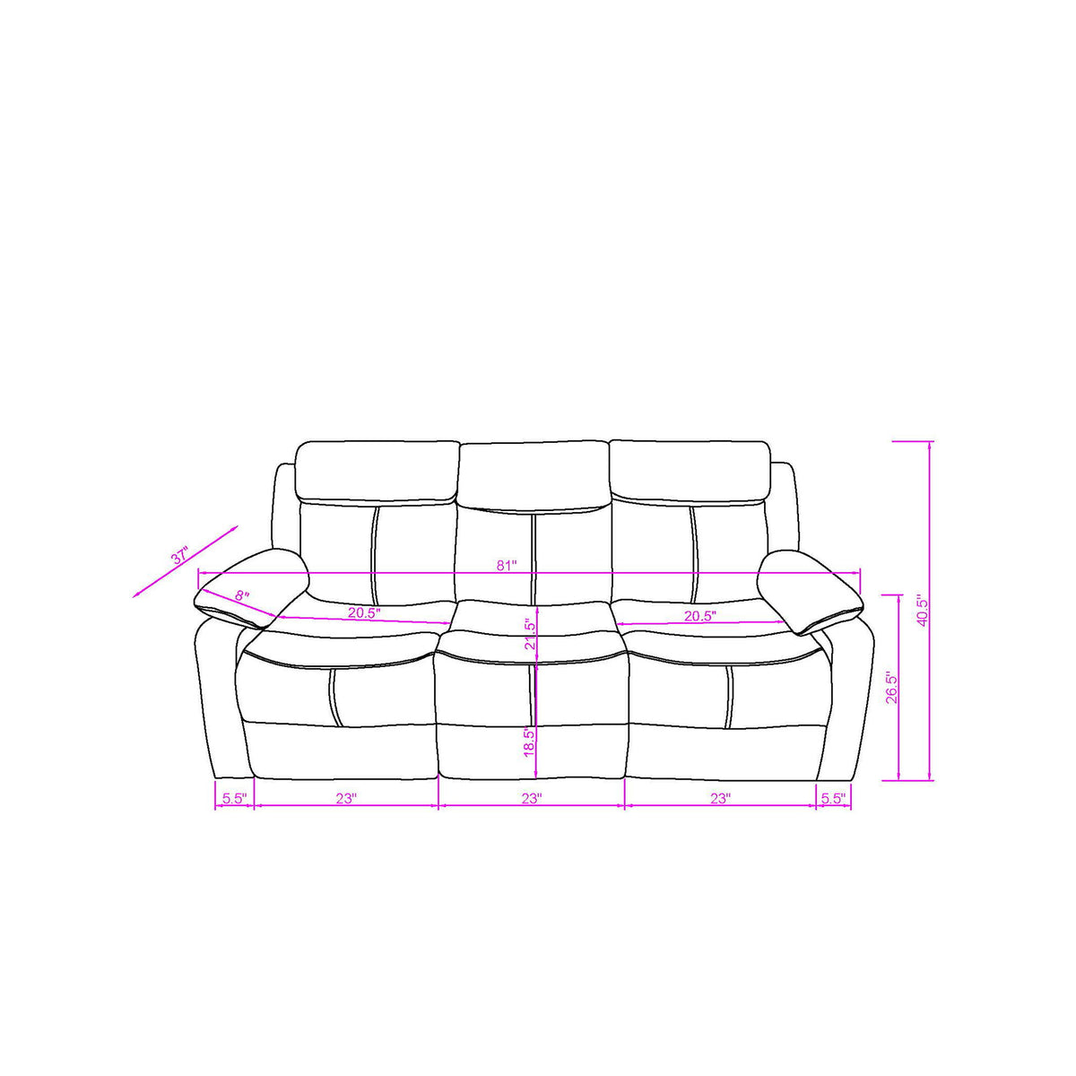 Reclining sofa diagram with labeled dimensions for length and seat depth