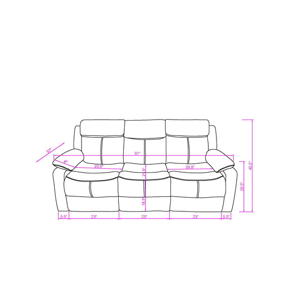 Reclining sofa diagram with labeled dimensions for length and seat depth