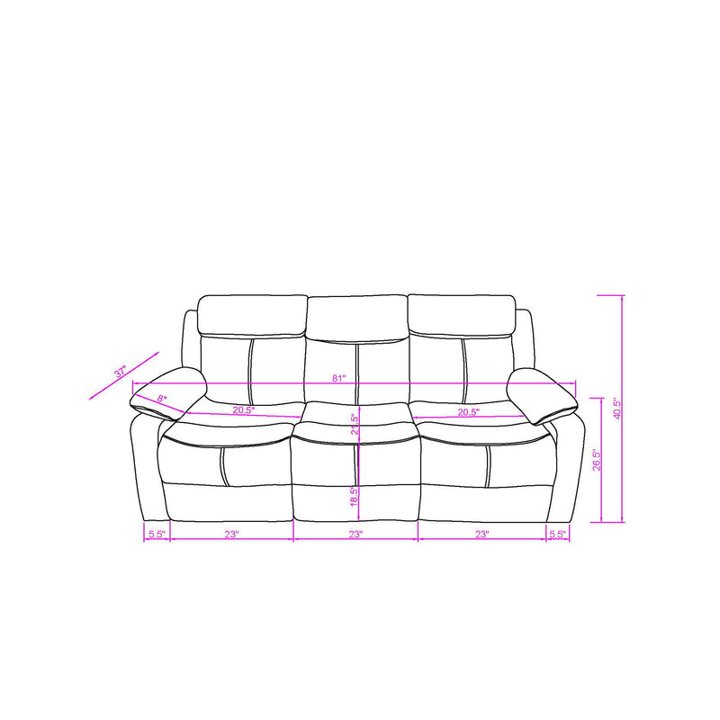 Reclining sofa diagram with labeled dimensions for length and seat depth