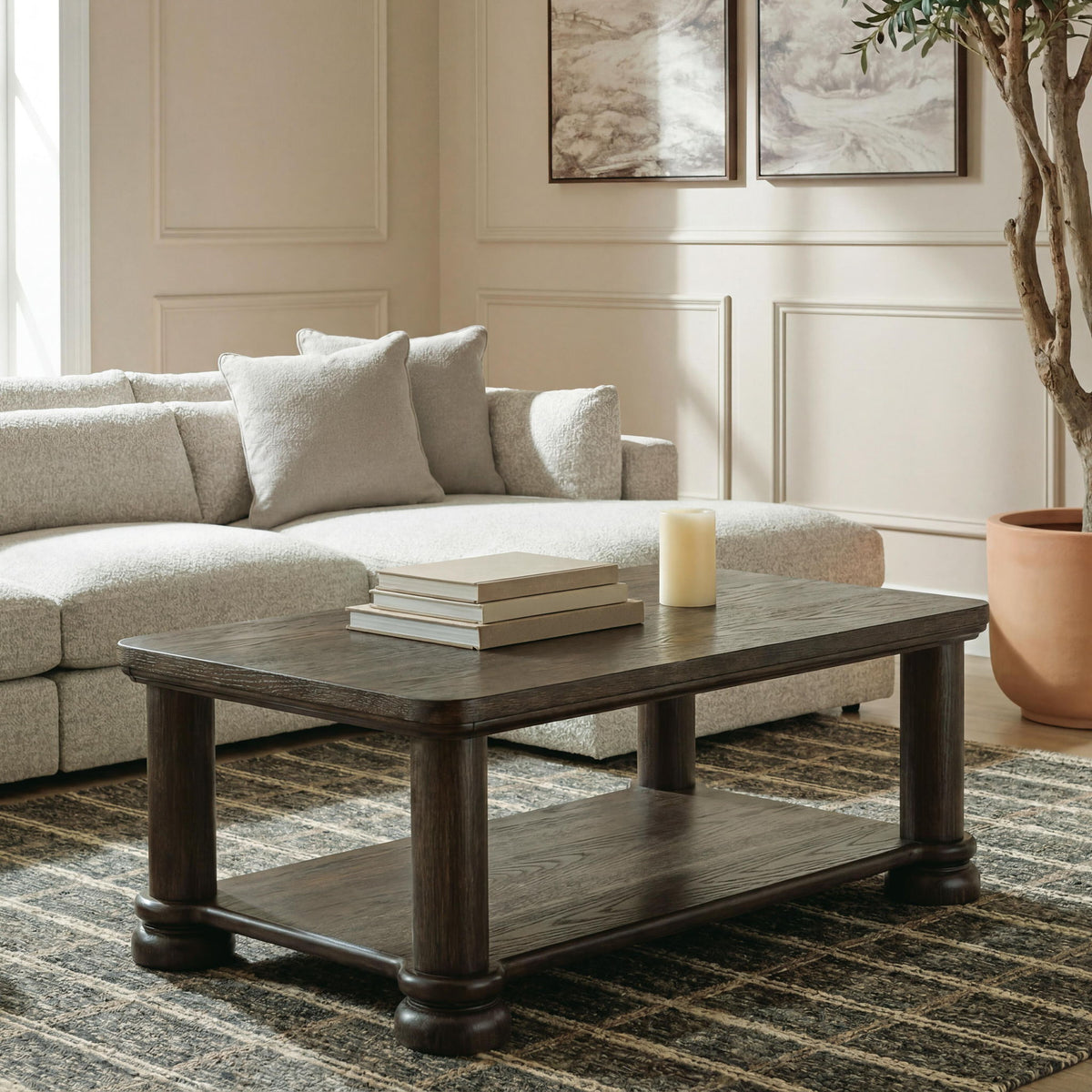 Dark brown rectangular coffee table with lower shelf and turned legs
