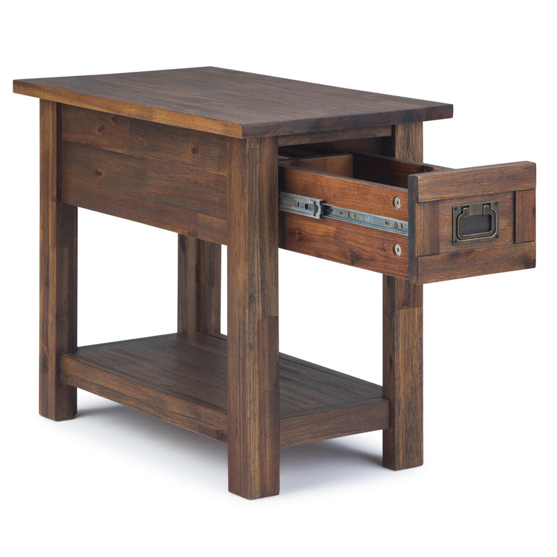 Handcrafted side table with drawer and lower open shelf, dark brown wood, square top