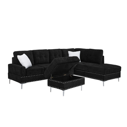Black L-shaped sectional sofa with chaise, storage ottoman, and two white pillows