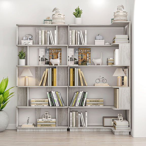 Light gray 5-tier open storage bookcase with open cubby shelves for books
