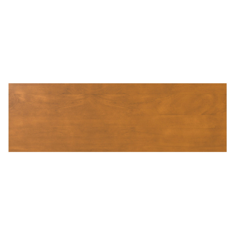 Tall TV media stand in light brown wood-grain finish, top panel detail
