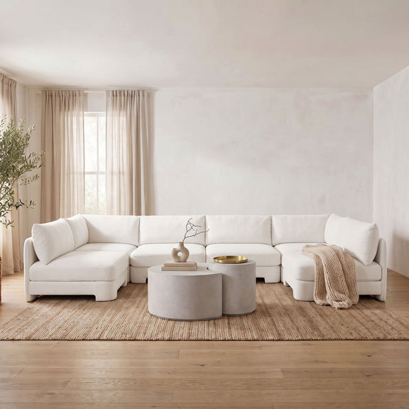 U-shaped armless sectional sofa, light gray velvet with rounded corner chaise