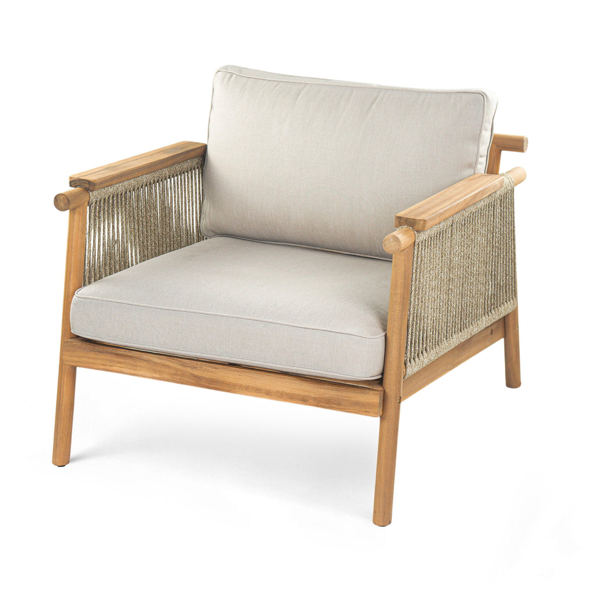 Teak outdoor club chair with beige cushions and woven beige side panels