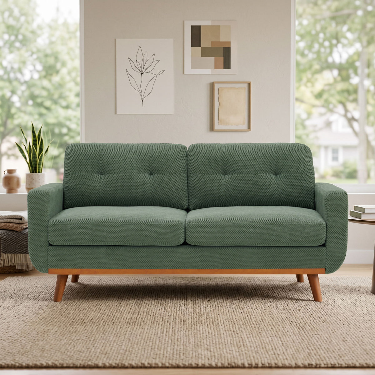 Two-seat sofa in green woven upholstery with tufted back and tapered wooden legs