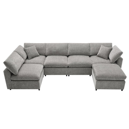 Modern Modular Cloud Sofa Bed, 6 Seat Chenille Sectional Couch Set With Ottoman, Free Combination, Convertible U Shaped Sleeper Sofa For Living Room