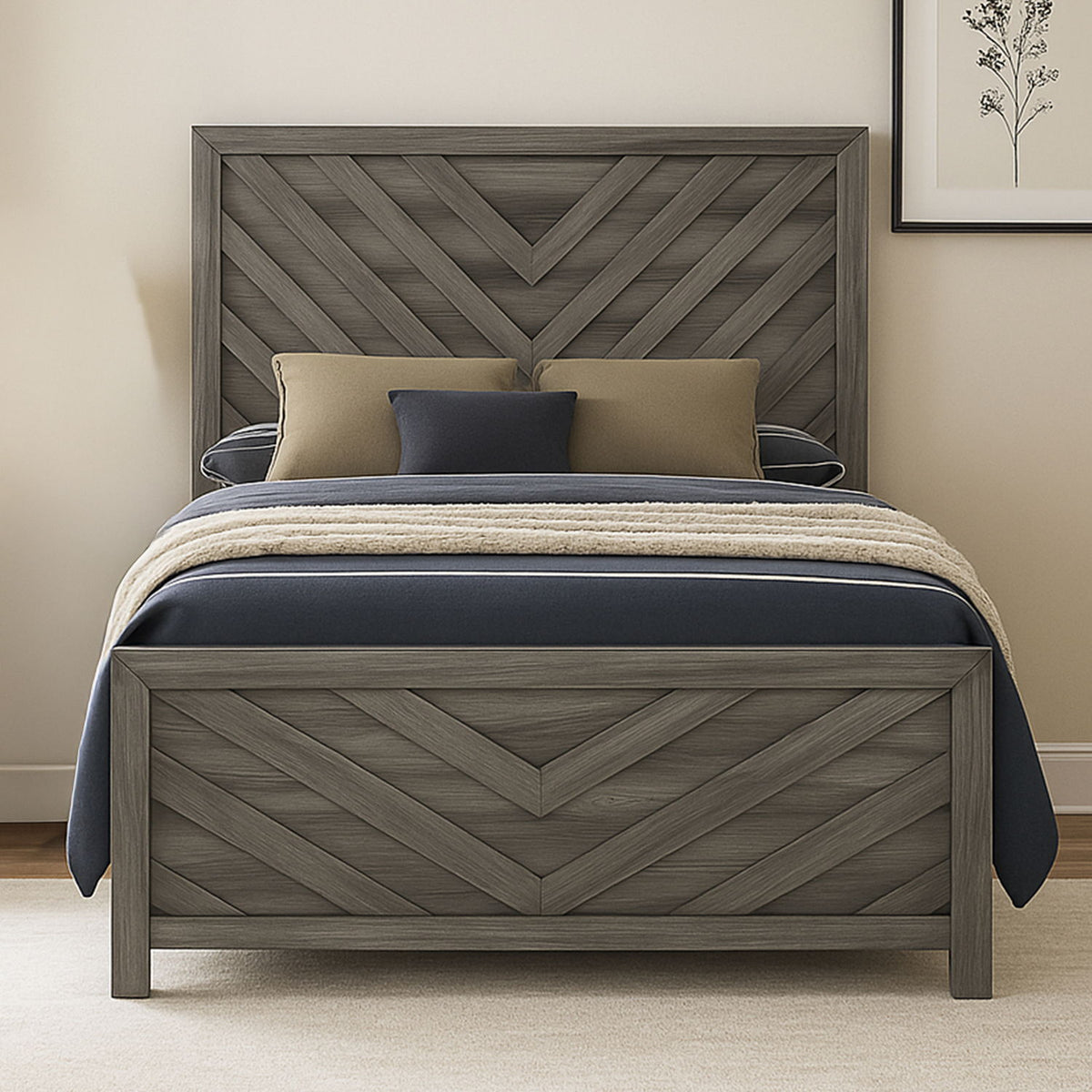 Dark gray chevron bed with tan and navy pillows and black-and-cream comforter