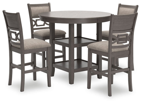 Gray counter table set with round top and four matching upholstered stools