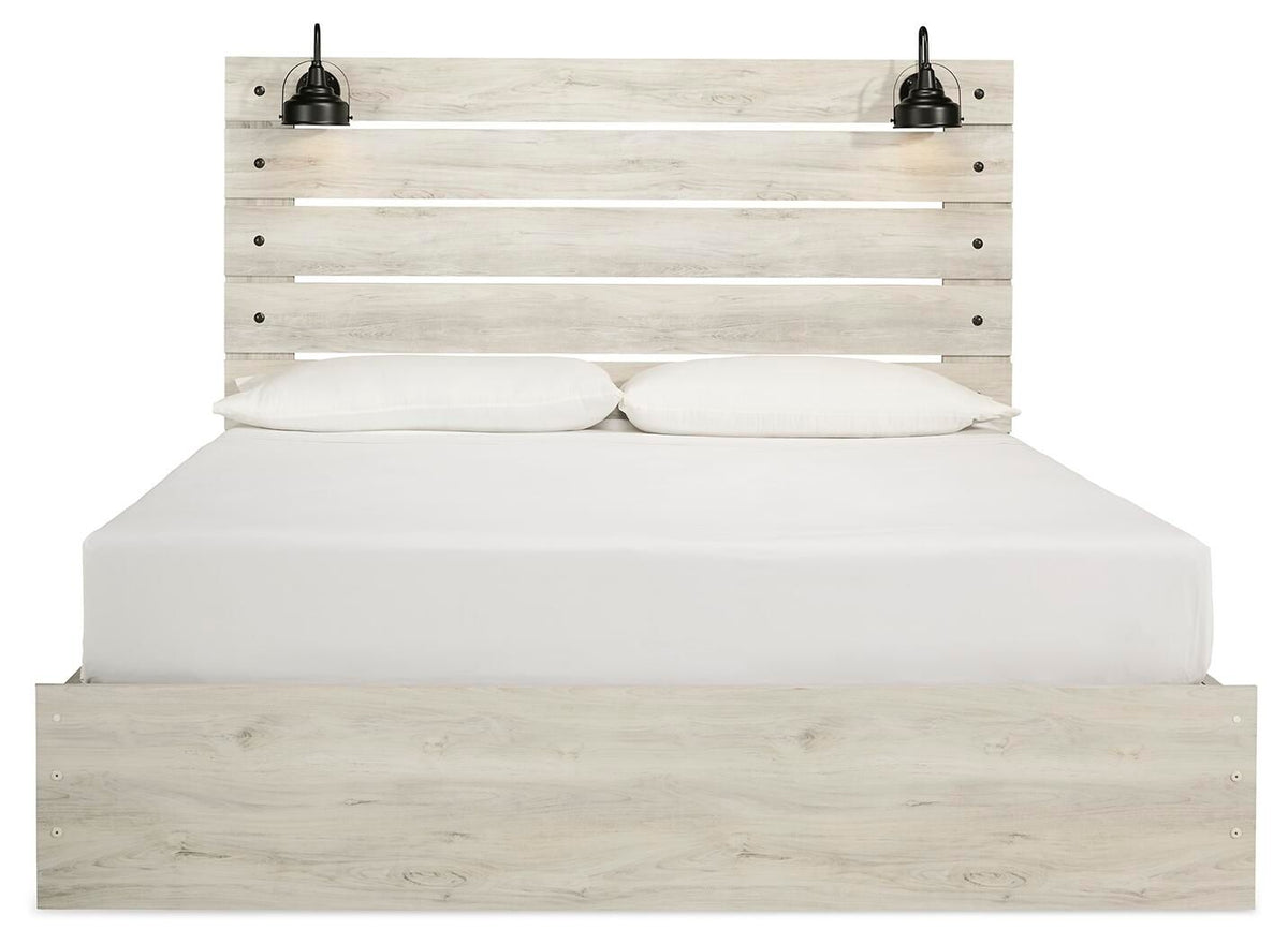 Panel bed with headboard and two black metal lights, light beige wood, white bedding