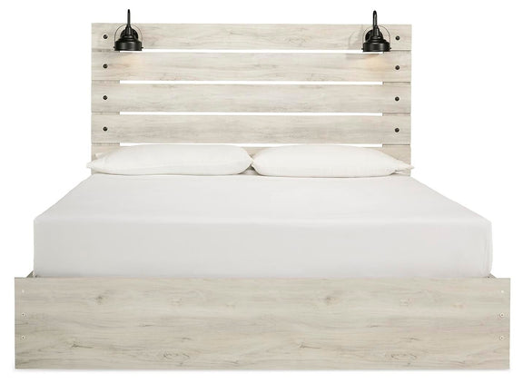 Panel bed with headboard and two black metal lights, light beige wood, white bedding