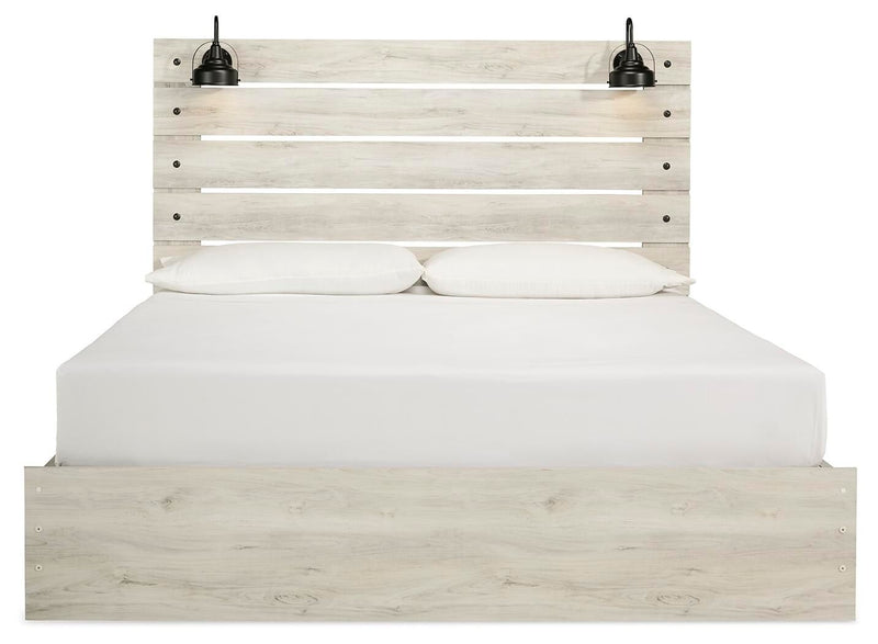 Panel bed with headboard and two black metal lights, light beige wood, white bedding
