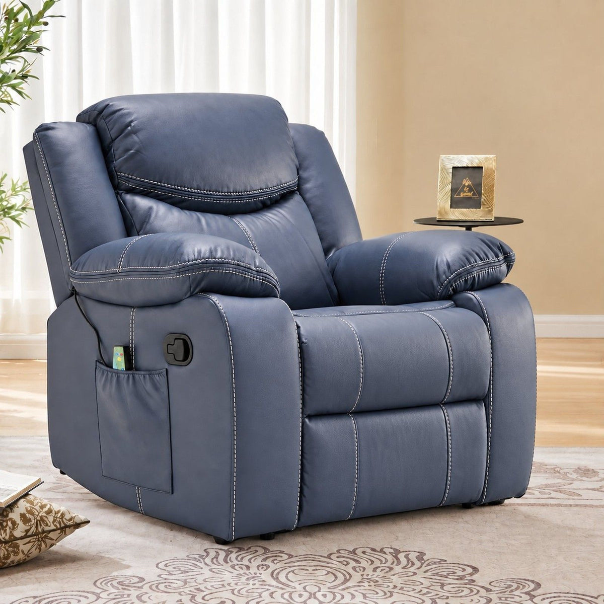 Dark blue recliner chair with padded arms, side control pocket, supportive backrest