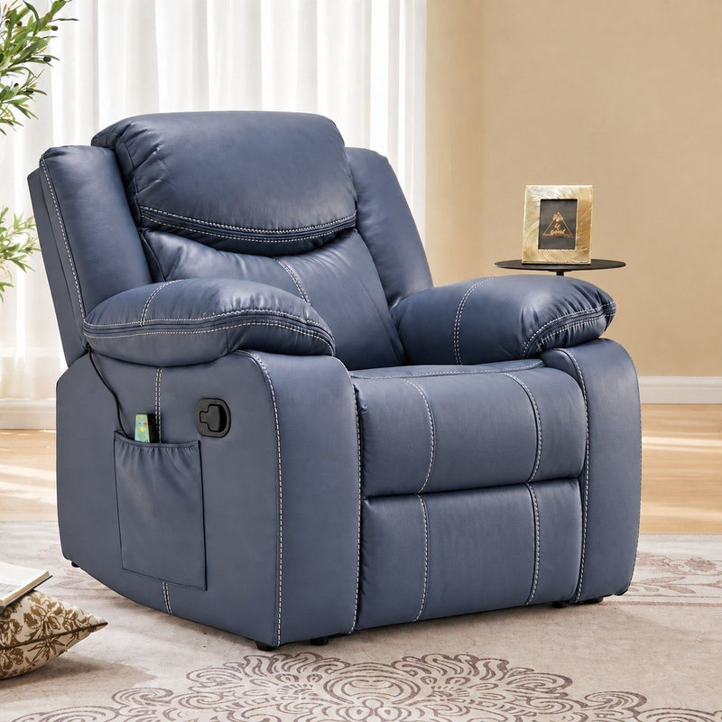 Blue manual massage recliner with padded arms and side pocket, shown upright