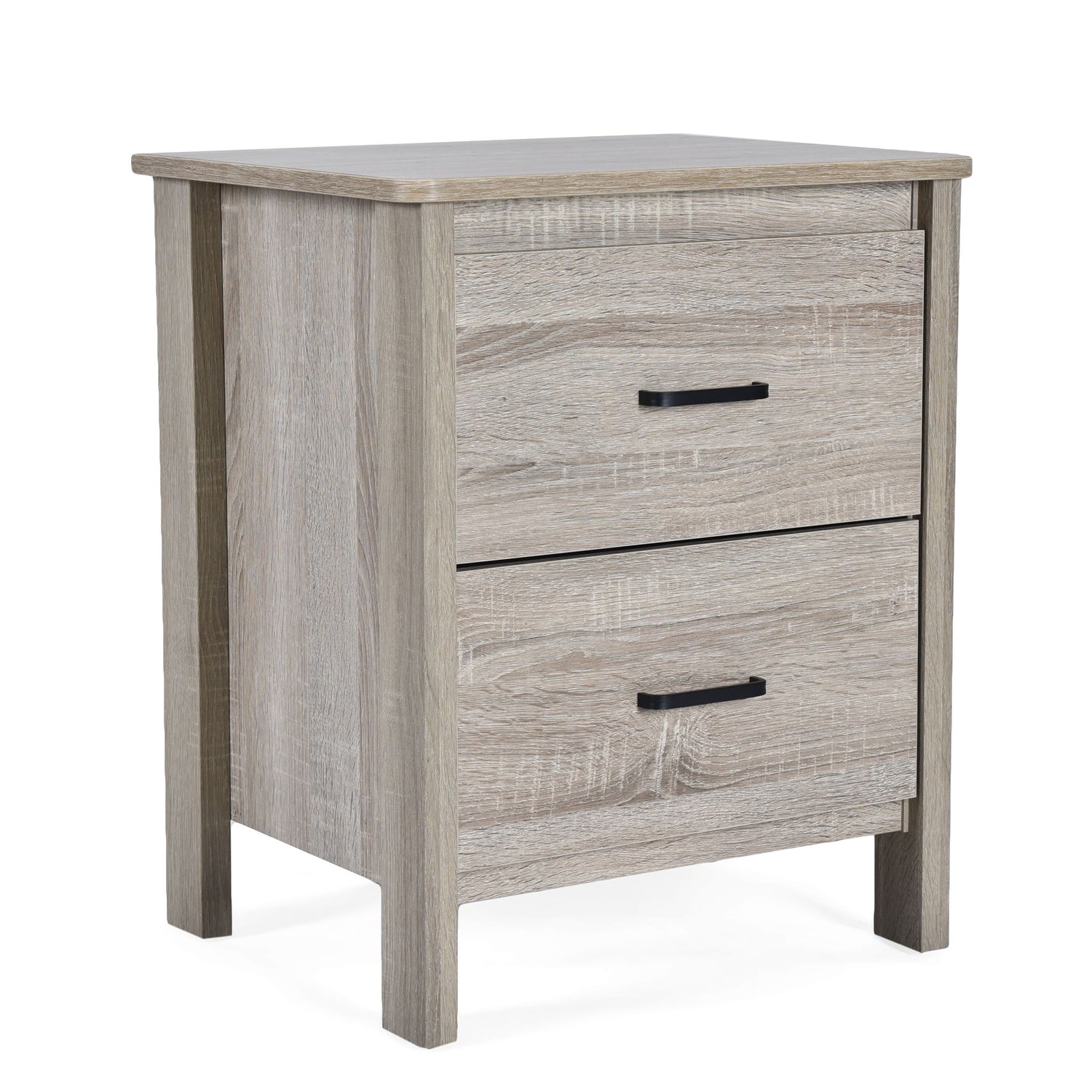 Wood Nightstand With 2 Drawers And Metal Handle - Oak