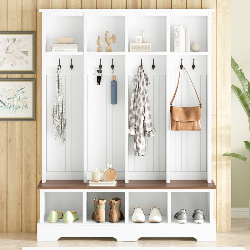 White hall tree with 8 hooks and open cubby bench, shelves and coat pegs