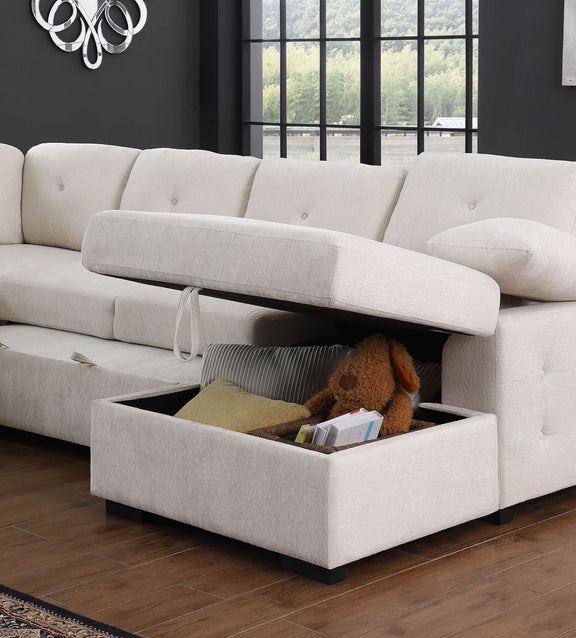 Light gray sectional sofa with chaise storage compartment open on the seat