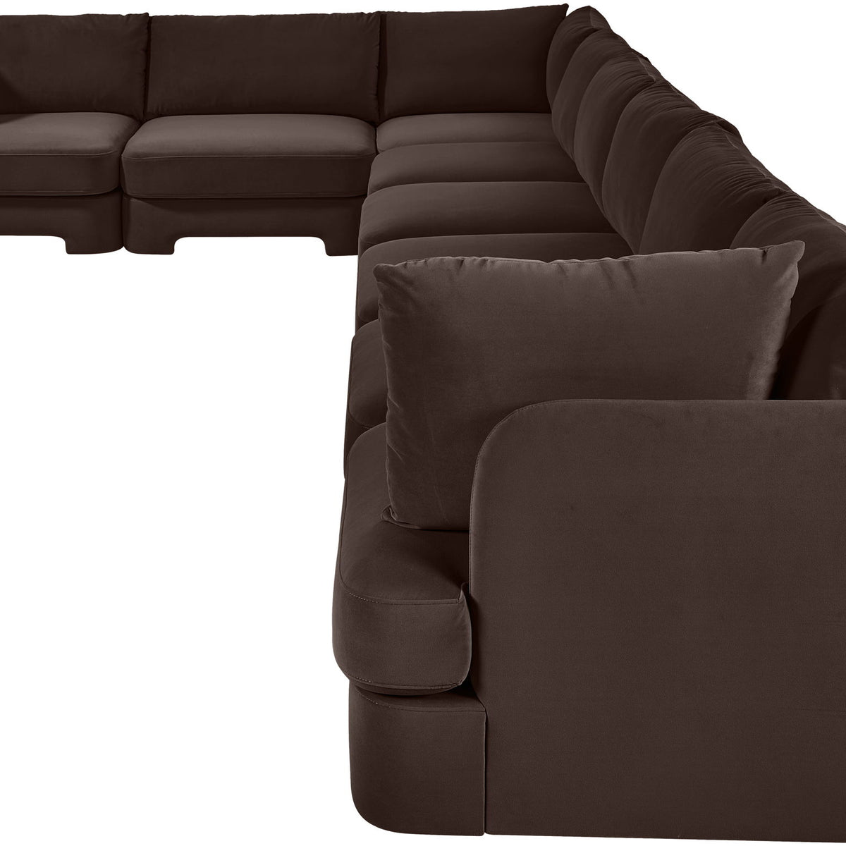 Dark brown velvet L-shaped sectional sofa with chaise and corner pillow armrests