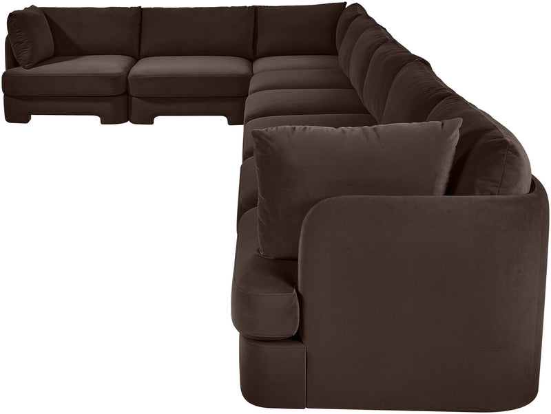 Dark brown velvet L-shaped sectional sofa with chaise and corner pillow armrests