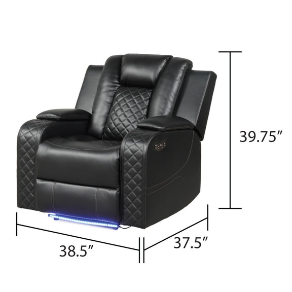 Black power recliner chair with adjustable headrest and glowing LED strip