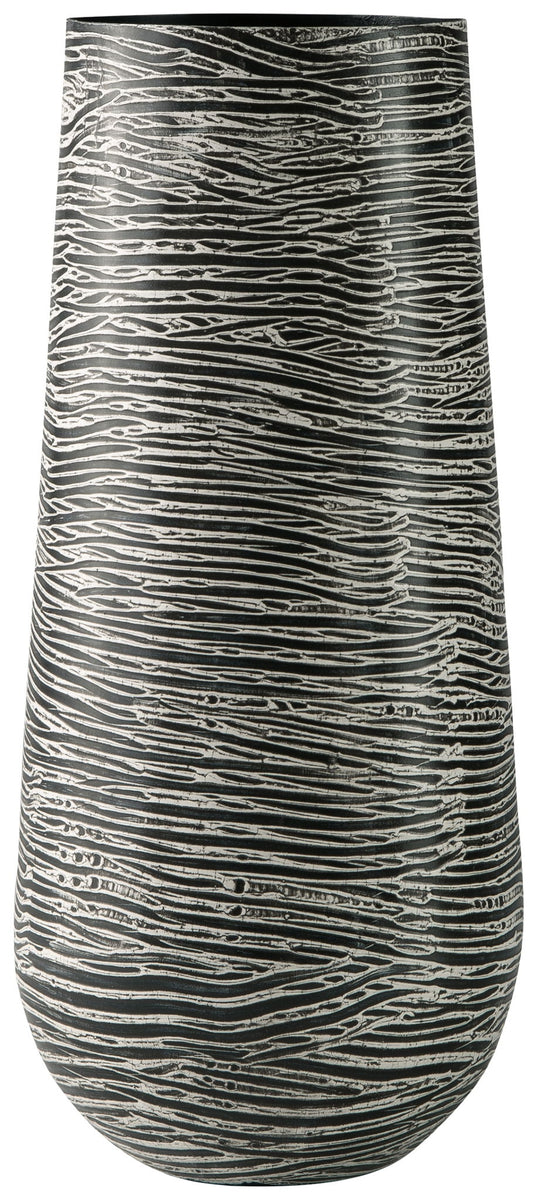 Antique gray ceramic vase with ribbed wave texture, rounded flared top