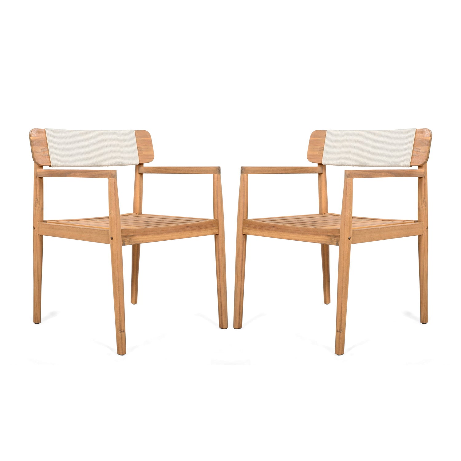 Creative Braided Acacia Wood Outdoor Dining Table And Chairs With Armrests (Set of 2) - Teak / White