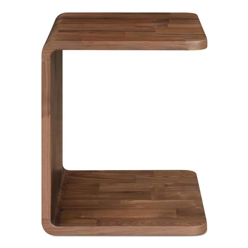 Dark brown wood C-shaped side table with two open shelves