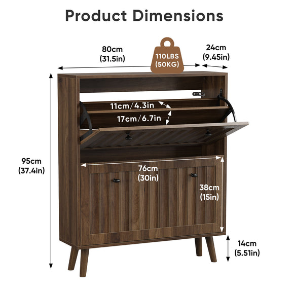 Walnut shoe cabinet product dimensions diagram showing shelf, doors, and overall size.